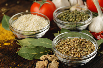 Green spice in glass bowl close up on kitchen table