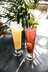 Summer detox beverage concept. Citrus fruit drinks with ice alcohol. Healthy diet cocktail with making bar tools. Vitamin fortified water