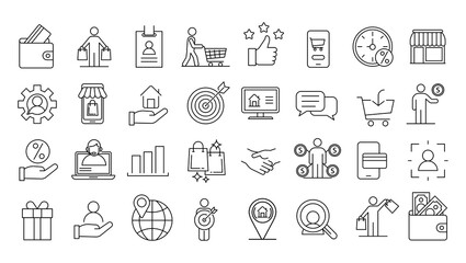 Buyer icons set. Outline set of buyer vector icons for web design isolated on white background