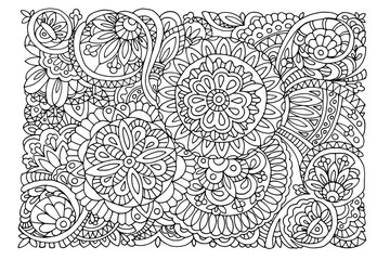coloring book, zentangle style, for adults, patterns of stylized flowers and leaves, black and white doodle, hand-drawn, vector illustration