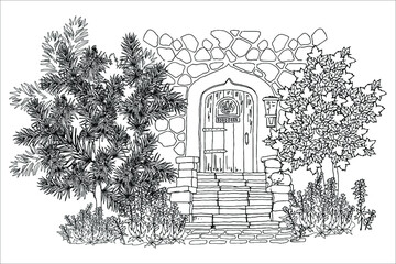 coloring book, for adults, old door in the wall of stone, spruce, maple, stone steps, black and white, sketch, vector illustration