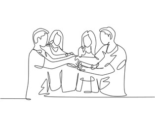 Continuous line drawing of young business group holding hand together as a great team. Business teamwork concept. Single line drawing design, vector graphic illustration