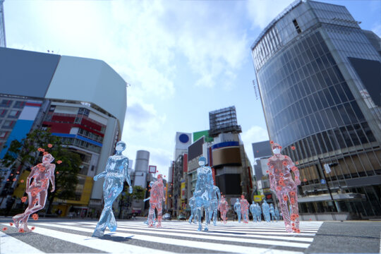 渋谷のスクランブル交差点で　マスクを着けて歩く　感染したガラスの人間
Infected Glass-humans walking with a mask at a scrambled intersection in Shibuya