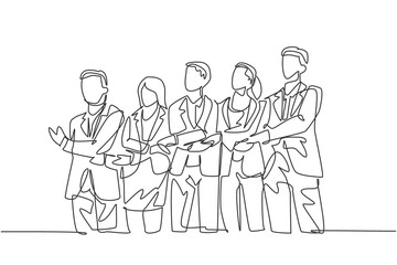 Obraz premium Continuous line drawing of businessman and businesswoman in group holding hand together. Business teamwork concept. One line drawing design, graphic vector illustration