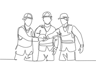 One line drawing of young builder and architect wearing construction vest and helmet handshake joining their hands together. Great teamwork concept. Continuous line drawing vector graphic illustration