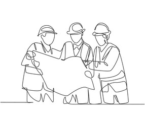 One line drawing of young builder and architect wearing construction vest and helmet looking for building design on blue print together. Great teamwork concept. Continuous line graphic drawing vector