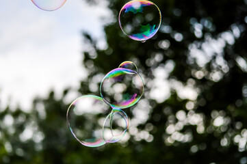 Connected soap bubbles close up