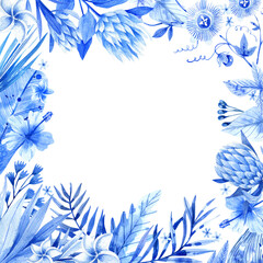 Fototapeta na wymiar Tropical watercolor frame isolated on white background. Square frame with tropical flowers and leaves in blue tones.
