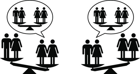 People icons - social equality concept - hypocrisy of claiming equality when there is none. Heterosexual marriage/partnership vs lesbian marriage/partnership.