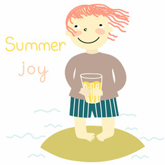Cute funny dreaming child  girl or boy  with glass of juice and  text - Summer joy. Vector minimalistic illustration of  a child.