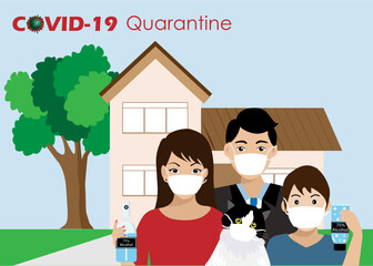 COVID-19 qurantine. Family in front of house wearing sugical face mask holding alcohol gel to protect from COVID-19 corona virus spreading. Idea for COVID-19 quarantine lockdown and prevention.