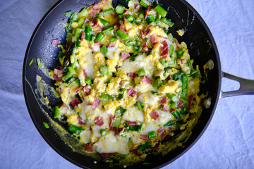 Frittata with asparagus, bacon and spring onions.