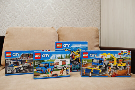 Hai, Ukraine - 08 January, 2017: close-up photo of LEGO City toys in packages for children of all age in the room.