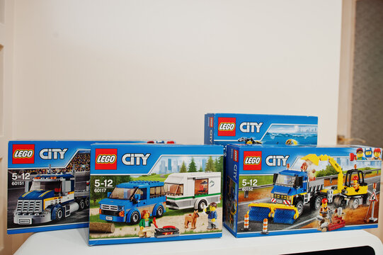 Hai, Ukraine - 08 January, 2017: close-up photo of LEGO City toys in packages for children of all age in the room.