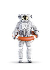 Obraz na płótnie Canvas Astronaut needs rescue / 3D illustration of space suit wearing male figure holding orange emergency life ring isolated on white studio background