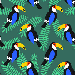Tropical seamless pattern with toucans. Vector illustration.
