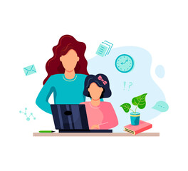 Home learning concept. Mother is helping student to do homework. Flat cartoon style design. Vector illustration
