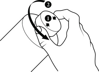 Diagram showing two-step process to open a child-proof / child-resistant bottle top. Pinch-in and twist.