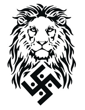 The lion and the symbol of the Indian religion of Jainism - the swastika, drawing for tattoos, on a white background, vector