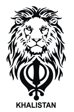 The Lion and the most significant symbol of Sikhism - Sign of Khanda, drawing for tattoo, on a white background, vector