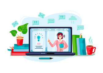 Online education, home schooling concept. Female teacher on laptop screen. Vector illustration isolated on white background. Flat cartoon style design.