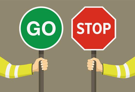 Outdoor worker holding stop and go sign. Hand hold traffic or road sign. Close-up view. Flat vector illustration.