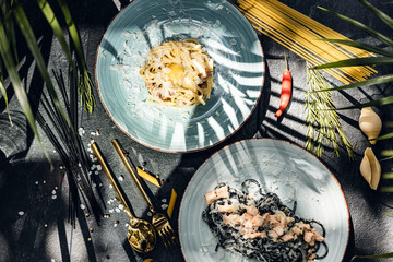 Set of pasta from worldwide cuisines.  in bowl on rustic stone background. Top view. Italian cuisine. Top view