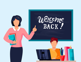 Female teacher and student is studing on computer. Place for text. Flat cartoon style design vector illustration.