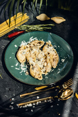 Set of pasta from worldwide cuisines.  in bowl on rustic stone background. Top view. Italian cuisine. Top view