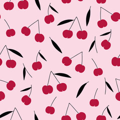 Vector doodle fruit pattern in pink. Simple cherries made into repeat. Great for background, wallpaper, wrapping paper, packaging, fashion.