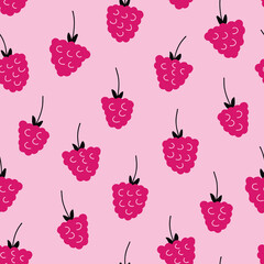 Vector doodle fruit pattern in pink. Simple raspberries made into repeat. Great for background, wallpaper, wrapping paper, packaging, fashion.