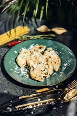 Set of pasta from worldwide cuisines.  in bowl on rustic stone background. Top view. Italian cuisine. Top view