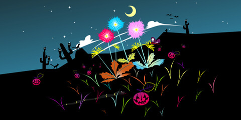 Halloween night background. Halloween night party. Colorful night dandelions vector illustration. 