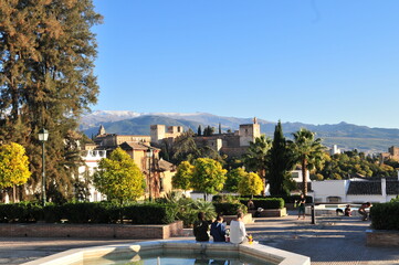 Alhambra palace and Sierra Nevada from Huerto del Carlos, a meeting point of the youth