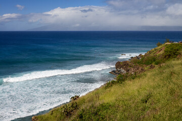 Fototapeta na wymiar Coastline of Hawaiian Island. Hawaii United States Of America. Horizontal Nature landscape. No People on Beach. View from above 