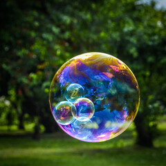 Soap bubble with smaller bubbles inside close up