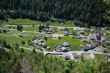 A city in the Swiss Alps. Top view.
