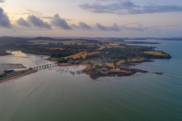 Sunset aerial view of Waitangi trety grounds in New Zealand