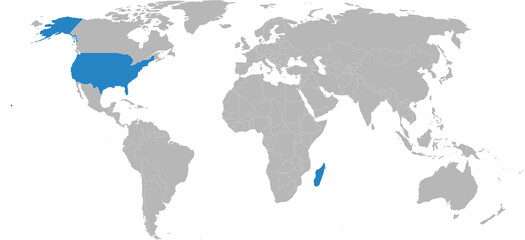Madagascar, USA countries isolated on world map. Light gray background. Business concepts, diplomatic, trade and transport relations.