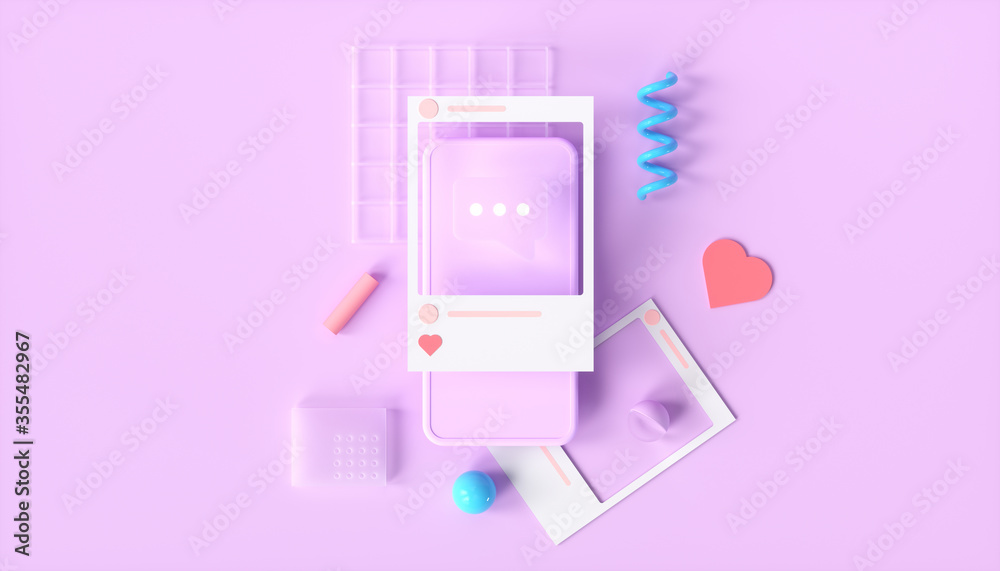 Wall mural social network and internet communication 3d rendering smartphone with photo frame, like button and 