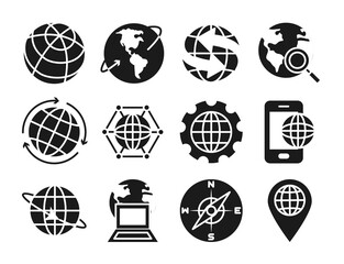 laptop computer and world icon set, silhouette style