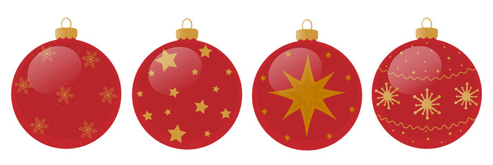 Set of Christmas decorations red balls gold snowflakes stars vector illustration