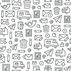 Seamless pattern with mail. Black and white thin line icons