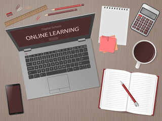 Desktop with laptop and school supplies. Online learning website page in computer screen. Distance e-learning education, digital school. Modern technologies in education. Flat lay. Vector illustration