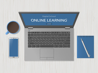 Top view of desktop with laptop. Online learning website page in computer screen. Distance elearning education concept, digital school. Modern technologies in education. Flat lay. Vector illustration