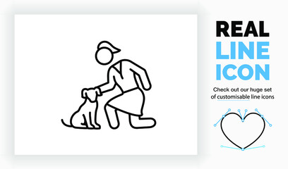 Editable line icon of a woman petting a dog