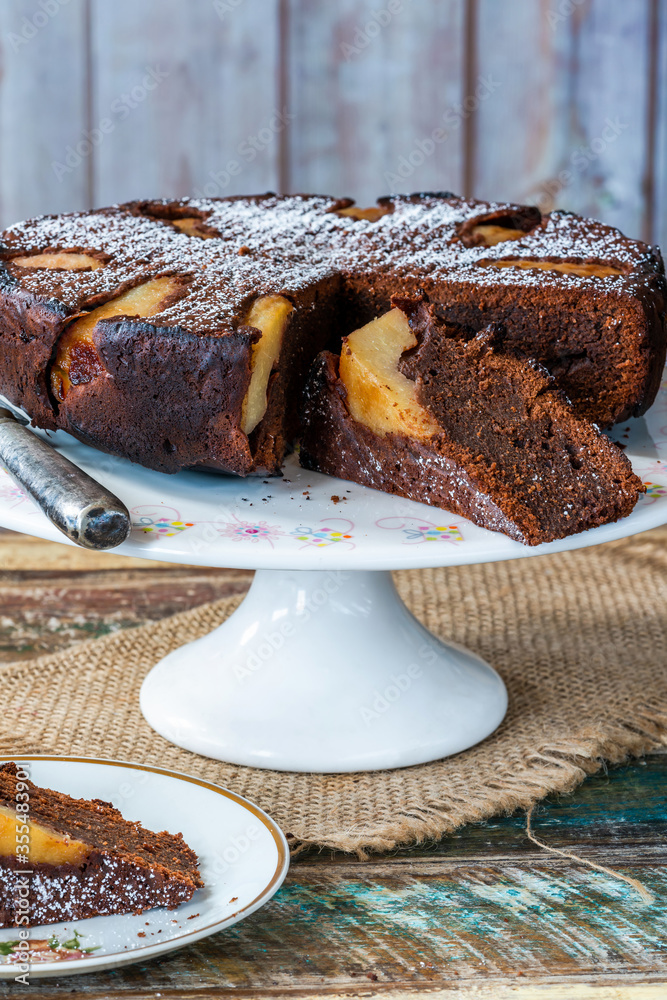 Canvas Prints chocolate cake with pears dusted with icing sugar