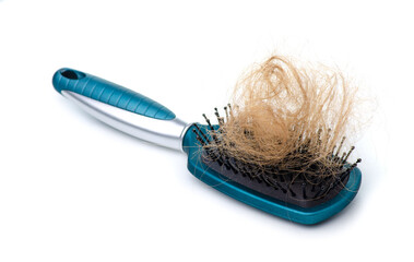 Clump of female hair on hair brush white background isolation