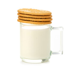 Glass cup of milk with cookies on white background isolation