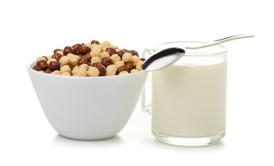 Dry cereal breakfast with glass cup of milk on white background isolation